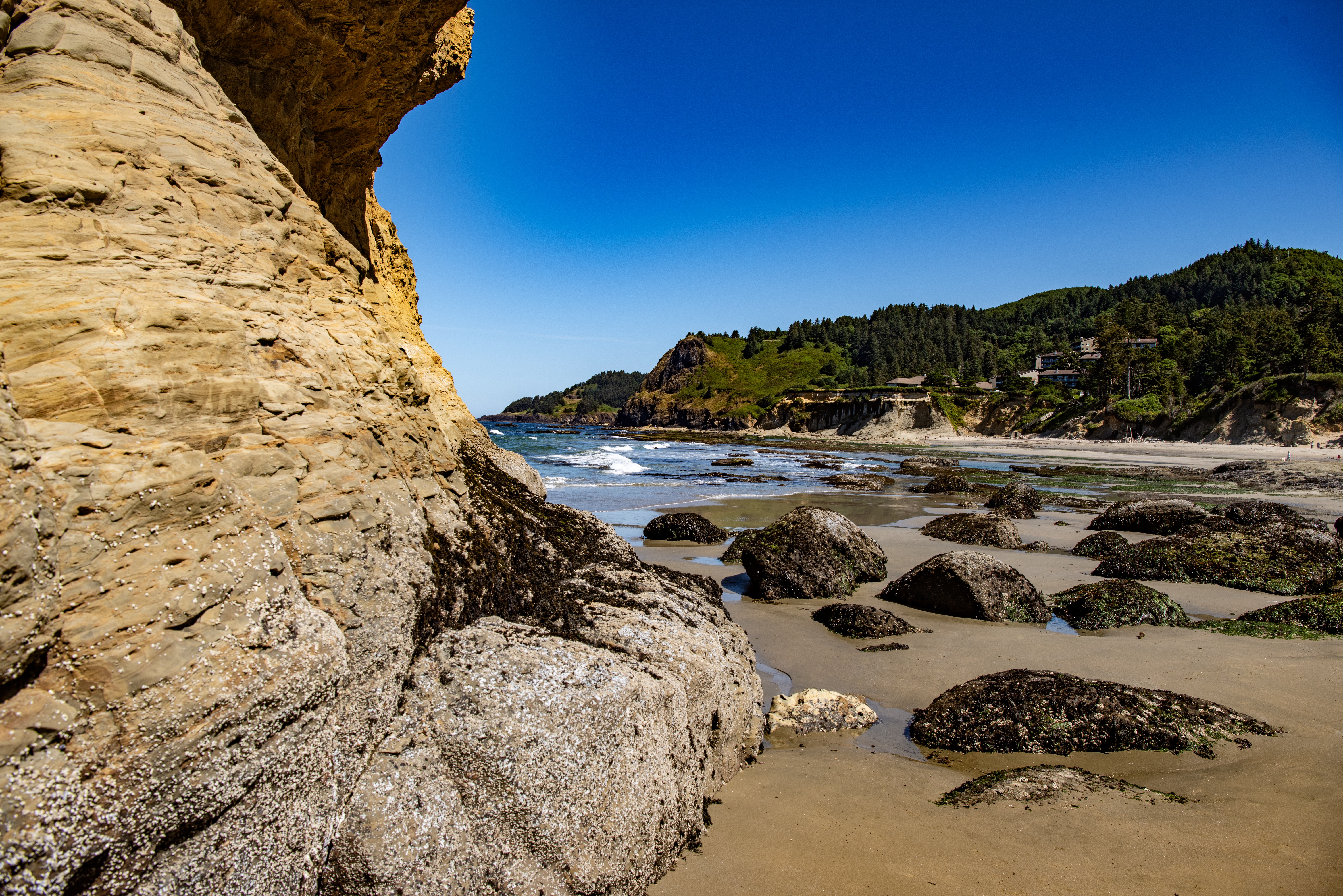 A shoreline picture of a sandy beach with stones protruding from the sand and a cloudless sky framing the distant shore